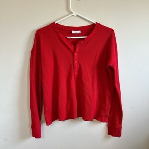 Aritzia Red Waffle Knit Long Sleeve Top with Buttons